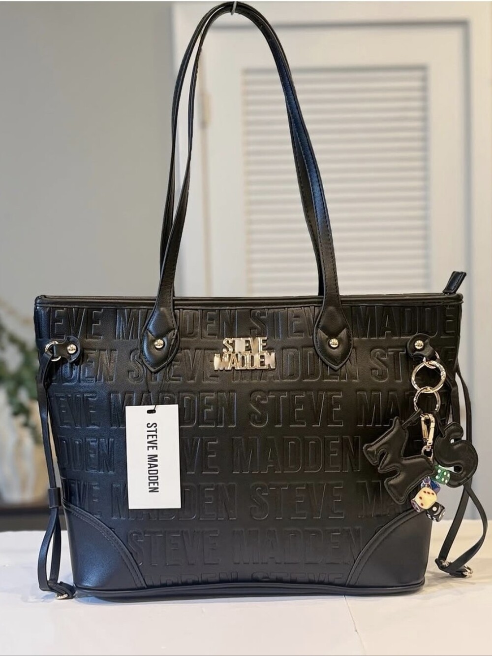Steve Madden Black Embossed Logo Tote with Charm